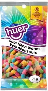 Huer Pocket Pals Sour Neon Worms 12/75g - Candy - - Tevan Enterprises - Canadian Wholesale Confections