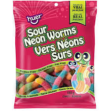 Huer Peg Bag Sour Neon Worms 24/120g - Candy -  - Tevan Enterprises - Canadian Wholesale Confections