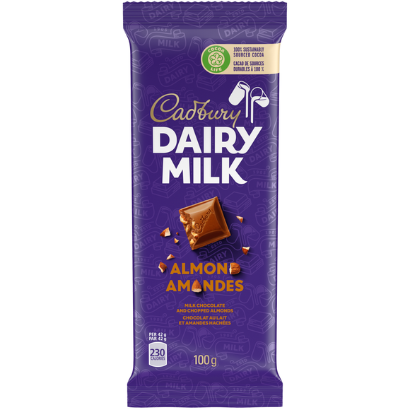 Dairy Milk Almond Family Bar 100g, 24 per box, 6 bx/cs, Chocolate and Chocolate Bars, Mondelez (Cadbury), [variant_title] - Tevan Enterprises